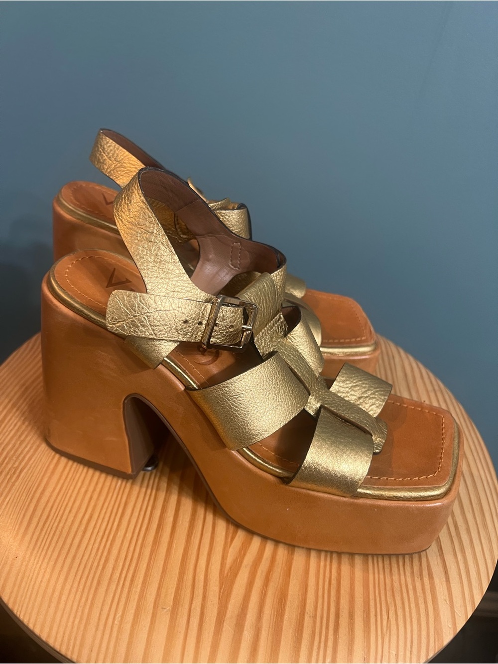 Vicenza Gold Leather Platform Block Heel Sandals Size 7B Brazil